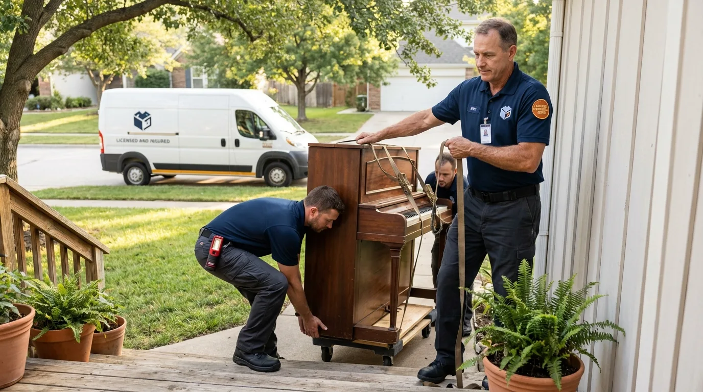 Licensed piano movers securing grand piano in Glendale Heights, IL