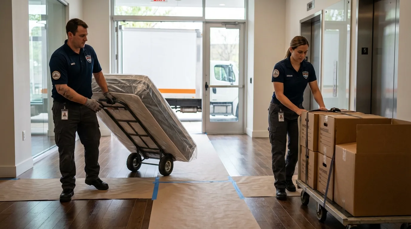 Professional apartment movers loading elevator in Glendale Heights, IL
